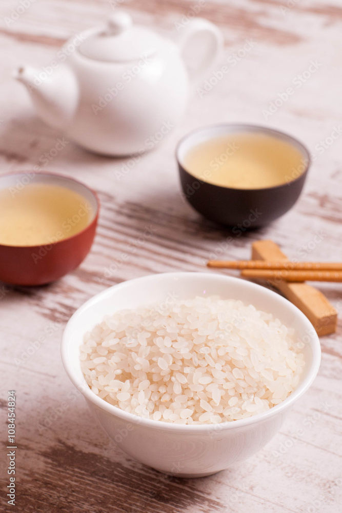 rice, green tea and chopsticks for sushi rice, green tea and chopsticks for sushi