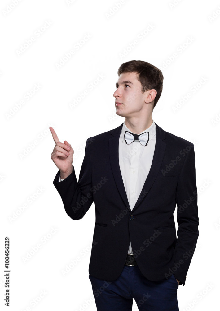 young bussiness man pointing finger up isolated on white backgro young bussiness man pointing finger up isolated on white backgro