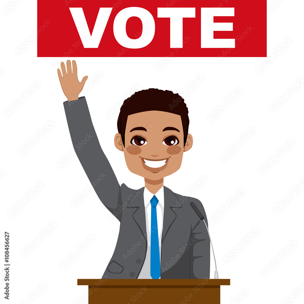 African American politician man giving a speech asking for vote and waving hand African American politician man giving a speech asking for vote and waving hand