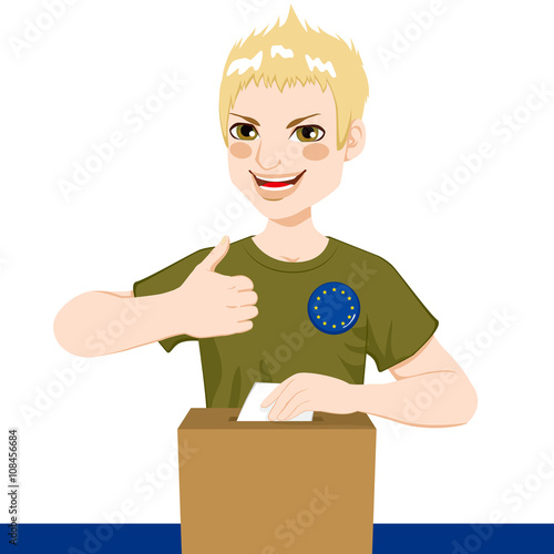 Young man voting on European Union parliament elections with European flag pin in shirt
