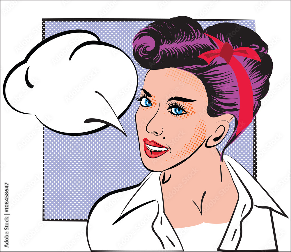 Portrait of girl in style pop art, comic books, sketch. Woman with purple  hair, retro hairstyle,