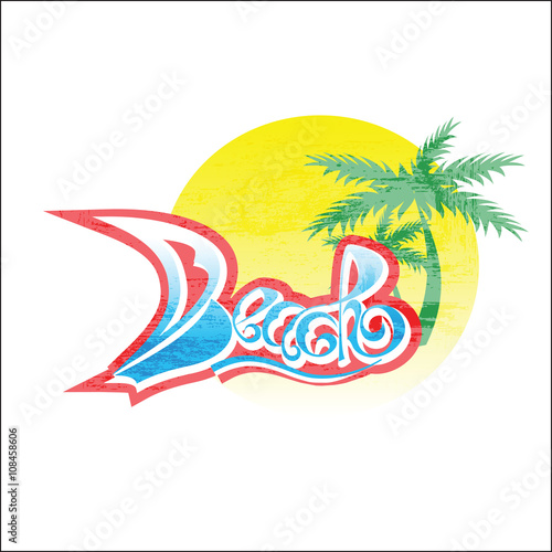 Beach. Summer color illustration and text beach in the form of a sail and blue seawater on a sunset background and palm trees. Design for card, sea souvenir, magnets. Happy holiday travel, Relax beach