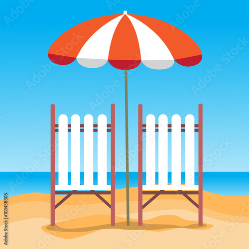 Summer Beach Vacation Sunbed With Umbrella Sand