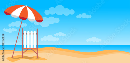 Summer Beach Vacation Sunbed With Umbrella Sand Tropical Banner Copy Space