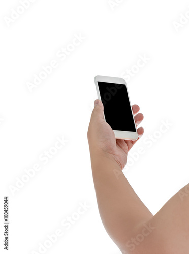 Hand holding mobile smart phone with blank screen. Isolated