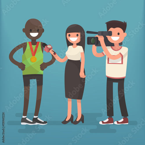 Girl correspondent interviews athlete winner. Employment television