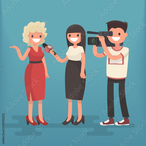 Girl correspondent interviews the woman. Employment television journalist