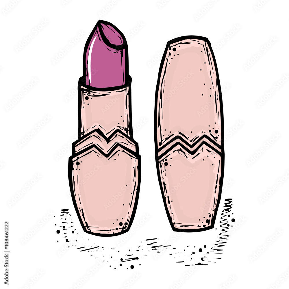 Pink hand drawn women lipstick. Fashion and beauty trend. Sketch illustration. Cosmetics for lips care. Vector isolated objects. Pink hand drawn women lipstick. Fashion and beauty trend. Sketch illustration. Cosmetics for lips care. Vector isolated objects.