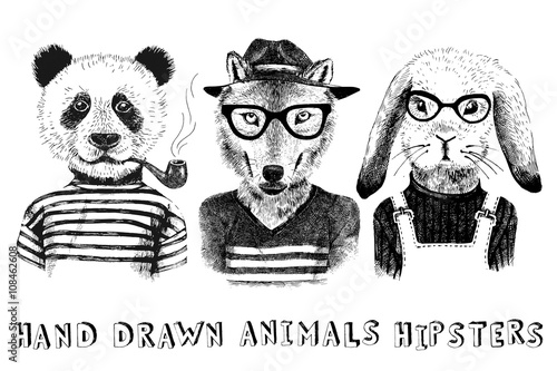 Hand drawn dressed up animals in hipster style