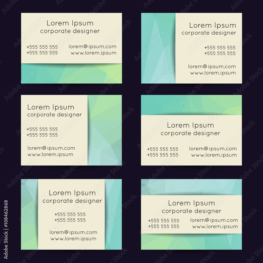 Vector set of low poly business card template designs. Polygonal creative templates with realistic gradient shadows.