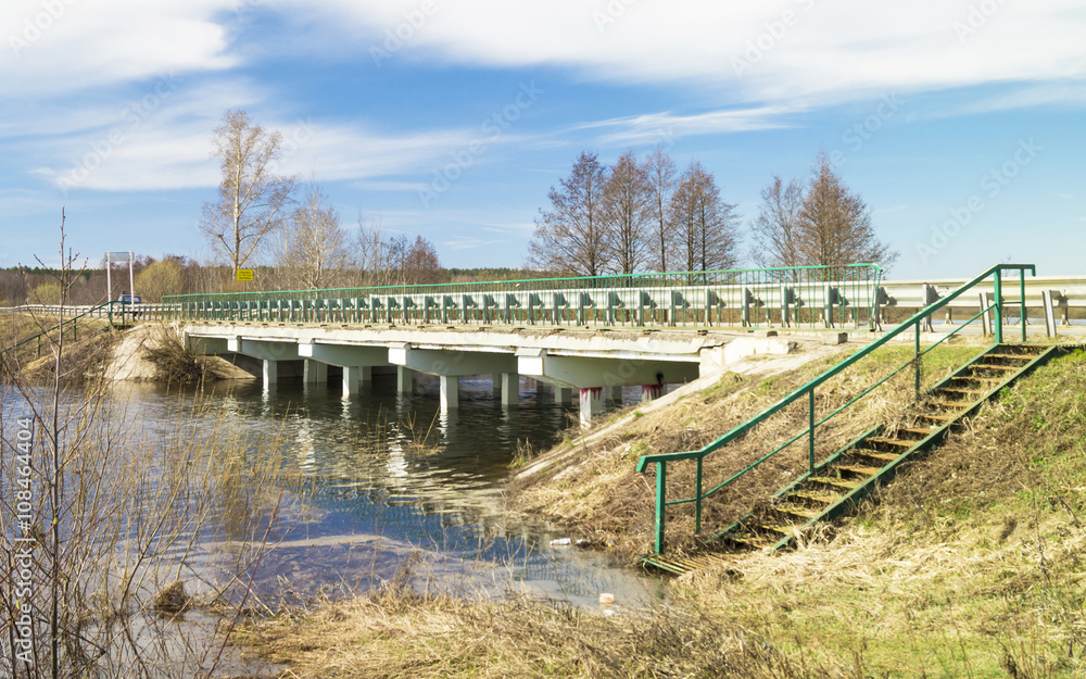 Spring landscape with bridge through river