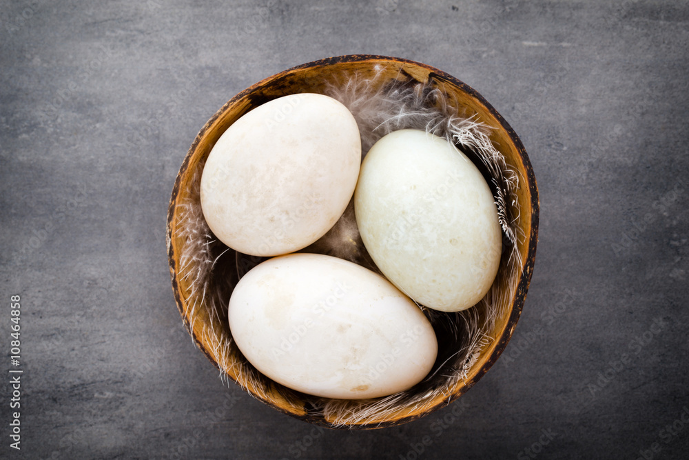 Duck eggs on a cage gray background. Duck eggs on a cage gray background.