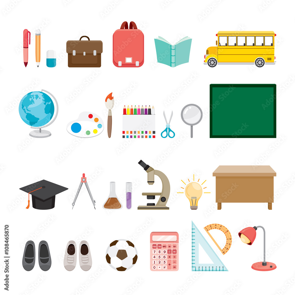 School Supplies Icons Set, Back to school, Educational, Stationery ...