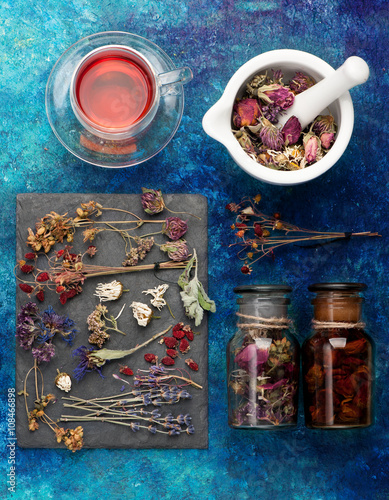 concept herbal medicine. Dried herbs  flowers  berries and herbal tea