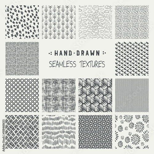 Set of hand drawn marker and ink seamless patterns.