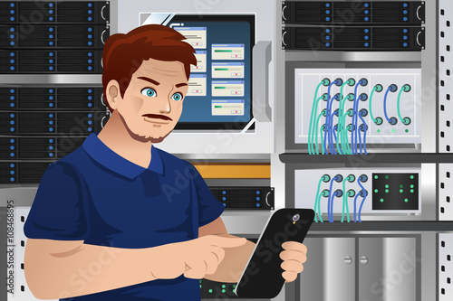 Man Working in Computer Server Room