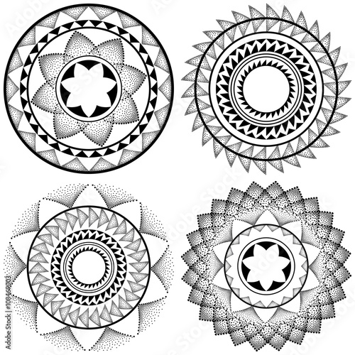 Vector illustration of set with dotted round mandala in black isolated on white background. Round decorative ornament. Geometrical elements in trendy dotwork style for tattoo. 