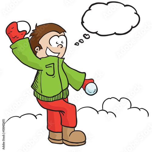 boy with snowball and tgought bubble
