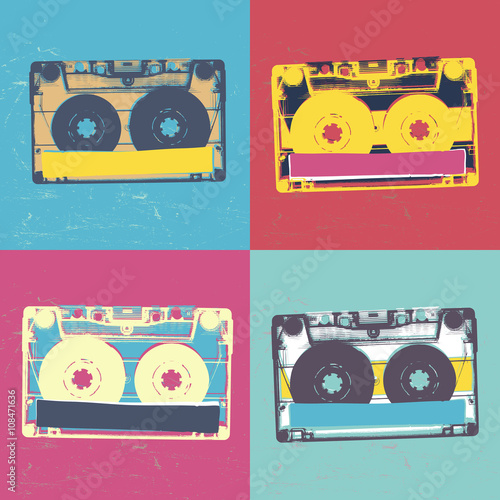 Audiocassette retro popart music seamless background. Audiocasse