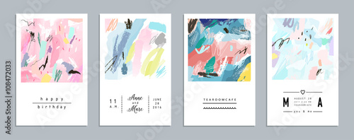 Set of artistic creative universal cards. Hand Drawn textures. 