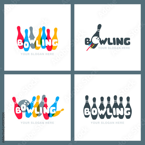 Set of vector hand drawn bowling logo, icons and emblems. Doodle colorful lettering. Bowling ball and bowling pins symbol. Trendy design for bowling center, tournament or championship.