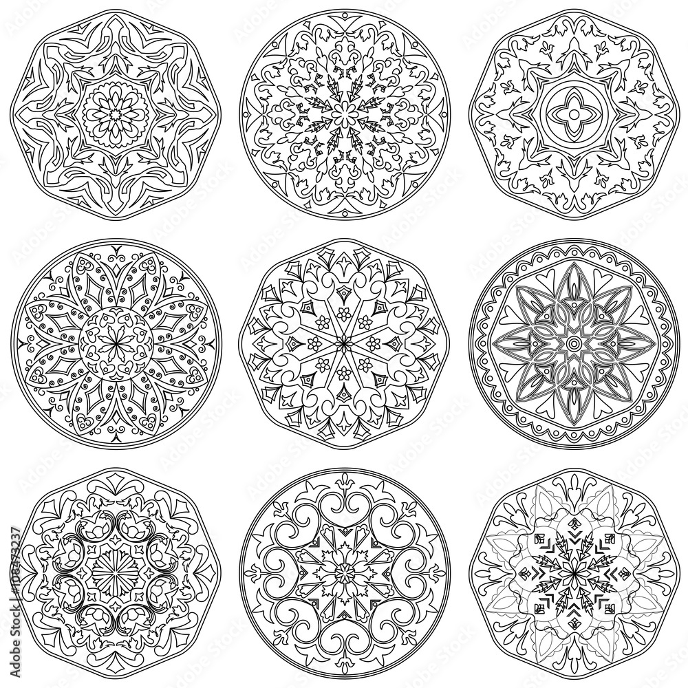 Set of 9 decorative elements mandala in black and white. Set of 9 decorative elements mandala in black and white.