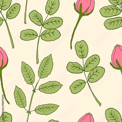 Vector seamless pattern with pink rose buds and leaves.