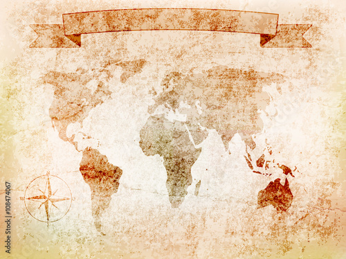 background world map on old wall with crack, the windrose, banner.vector illustration