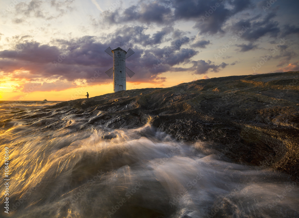Seascape, lighthouse-windmill, Baltic Sea, Swinoujscie, Poland
