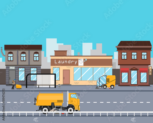 Heavy Equipment cleans the streets of the city from garbage and dust. Cleaning equipment. Road works. Vector illustration