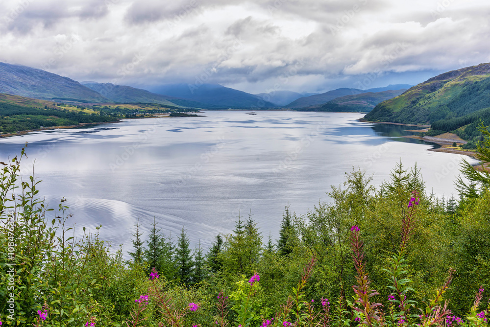 View of Loch Carron, Scotland. This is a sea loch on the west coast of Ross and Cromarty in the Scottish Highlands. It is the point at which the River Carron enters the North Atlantic Ocean.