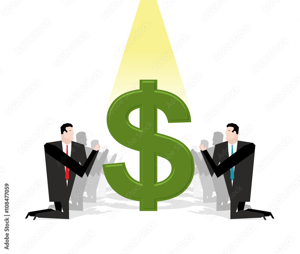 Businessman praying to dollar. Financial idol. Worship of money. Businessman praying to dollar. Financial idol. Worship of money.