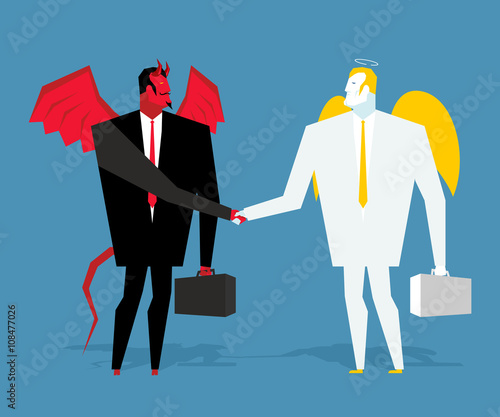 Angel and demon deal. Satan and angel shake hands. Handshake of