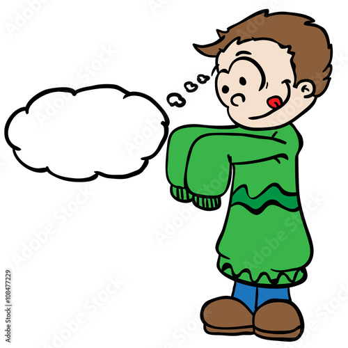 little boy in big clothes with thought bubble