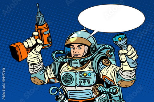 Astronaut with a drill and flashlight