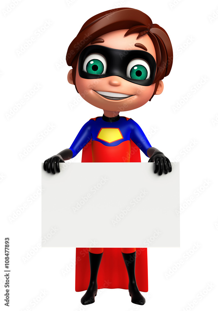 cute boy as a superhero with white board