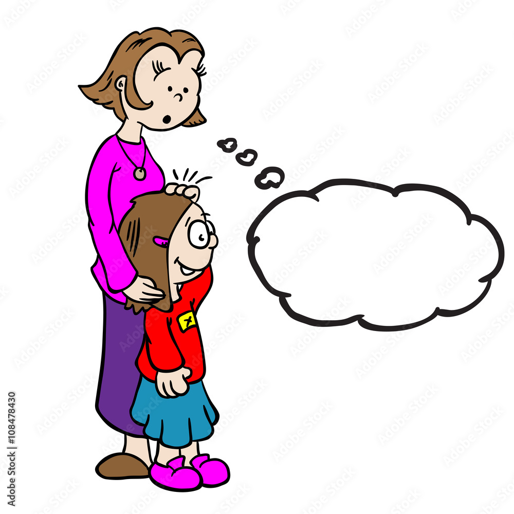 mom with thought bubble holding little girl mom with thought bubble holding little girl