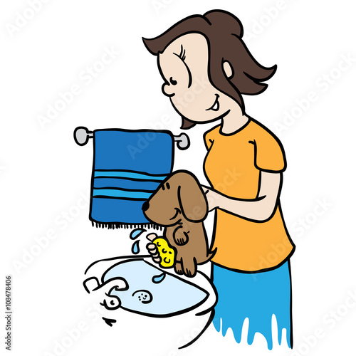 mom washing a dog