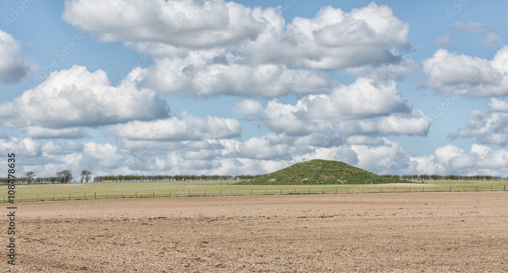 A Bronze Age burial mound in open farmland.
