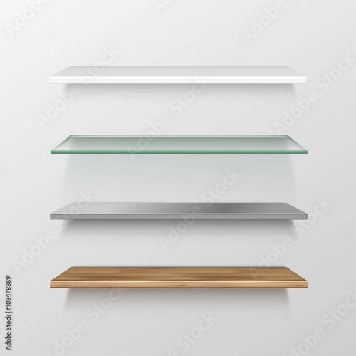 Set of Empty Wood Glass Metal Plastic Shelves