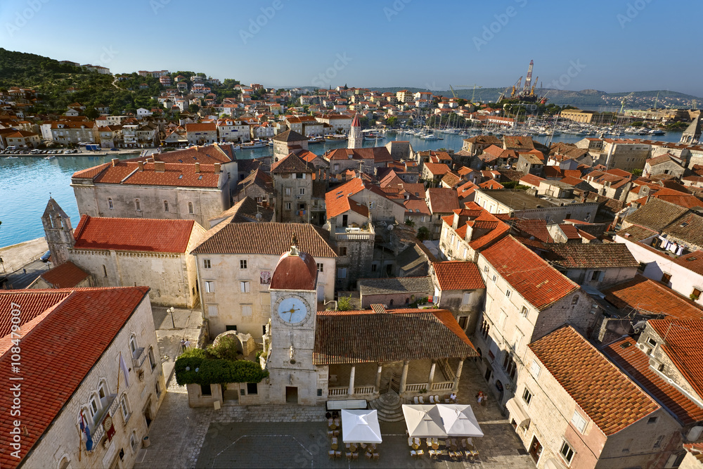 Croatia. Middle Dalmatia. The old town of Trogir seen from the Campanile (bell tower) of the Lawrence Cathedral (Historical Trogir is on UNESCO World Heritage List since 1997)
