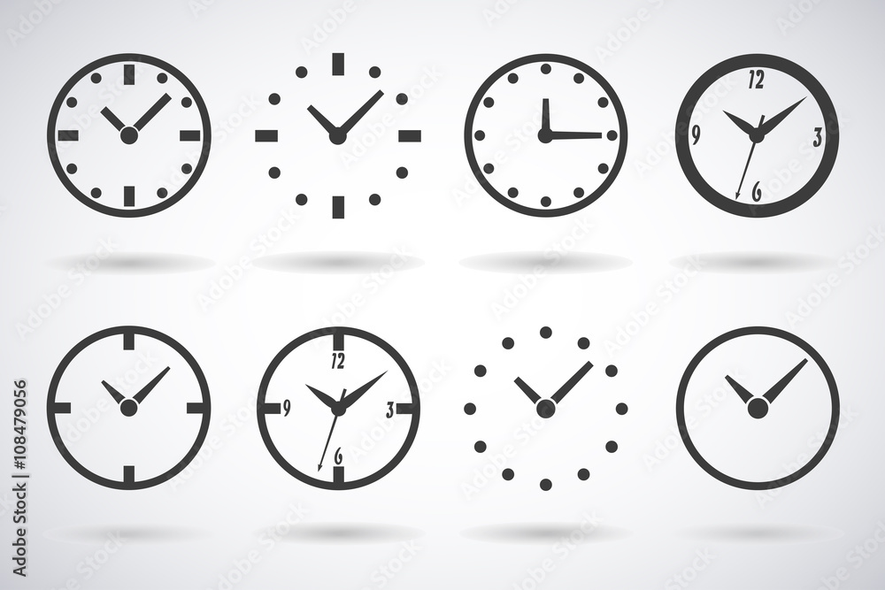 Clock icons, dials set of 8 pieces with shadow isolated stylish vector illustration Clock icons, dials set of 8 pieces with shadow isolated stylish vector illustration