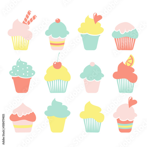 Set of ice cream, sundae, cupcake icons in pastel colors, isolated vectors