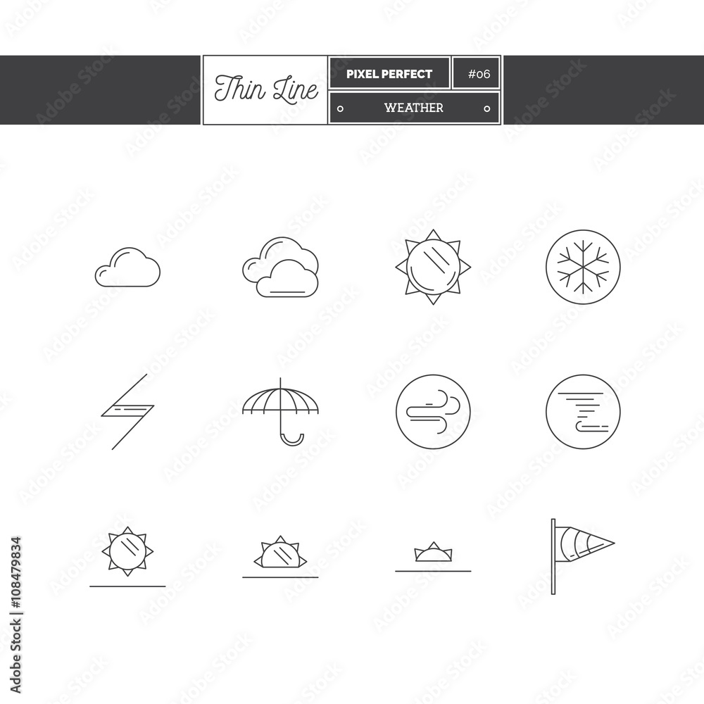Thin line icon set of local current weather conditions. Includin