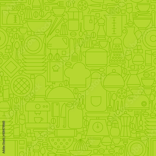 Thin Green Kitchen Appliances and Cooking Line Seamless Pattern