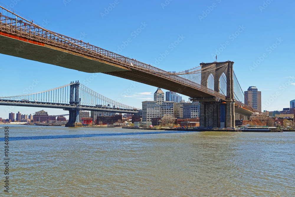 View of Brooklyn bridge and Manhattan bridge above East River