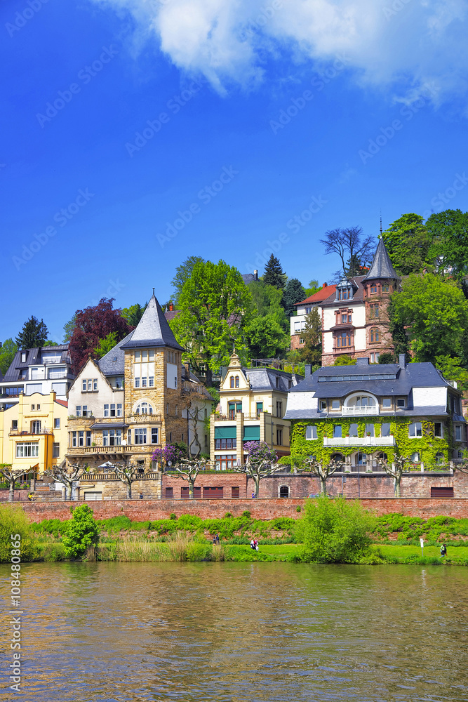 View of Quay of Neckar river in Heidelberg in Germany View of Quay of Neckar river in Heidelberg in Germany