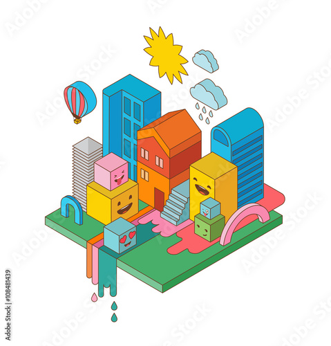 Festive isometric colorful city with emoticons  emoji icons
