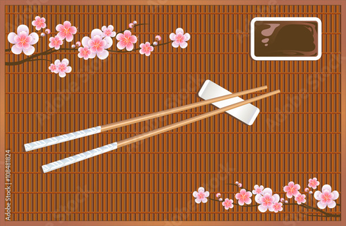 Sushi roll mat. Devices for Asian cuisine. Sakura blossom branches. Vector