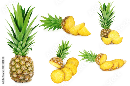 Collage of ripe pineapple isolated on a white